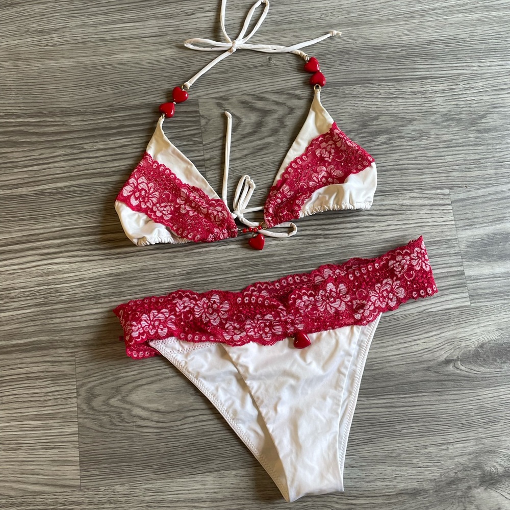 Beach Bunny Heart Breaker Lady Lace White and Red Lace Bikini - Vintage